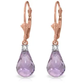 14K Solid Rose Gold Leverback Earrings w/ Diamonds & Amethyst