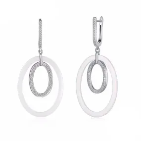 925 Sterling Silver Drop Earrings Ellipse Style Ceramic Dangle Earring