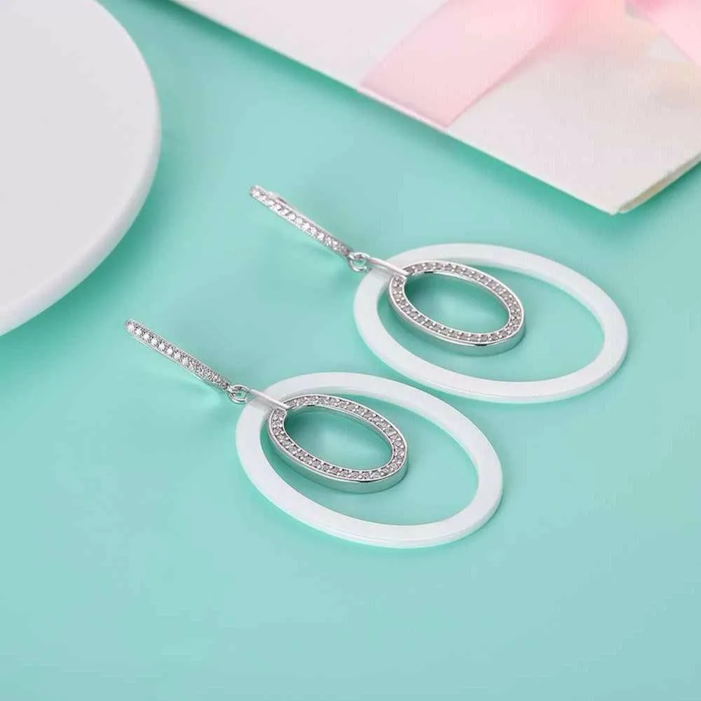 925 Sterling Silver Drop Earrings Ellipse Style Ceramic Dangle Earring