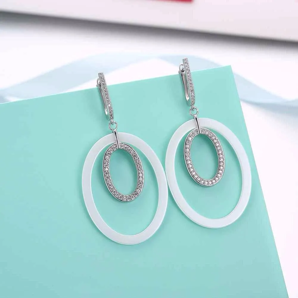 925 Sterling Silver Drop Earrings Ellipse Style Ceramic Dangle Earring