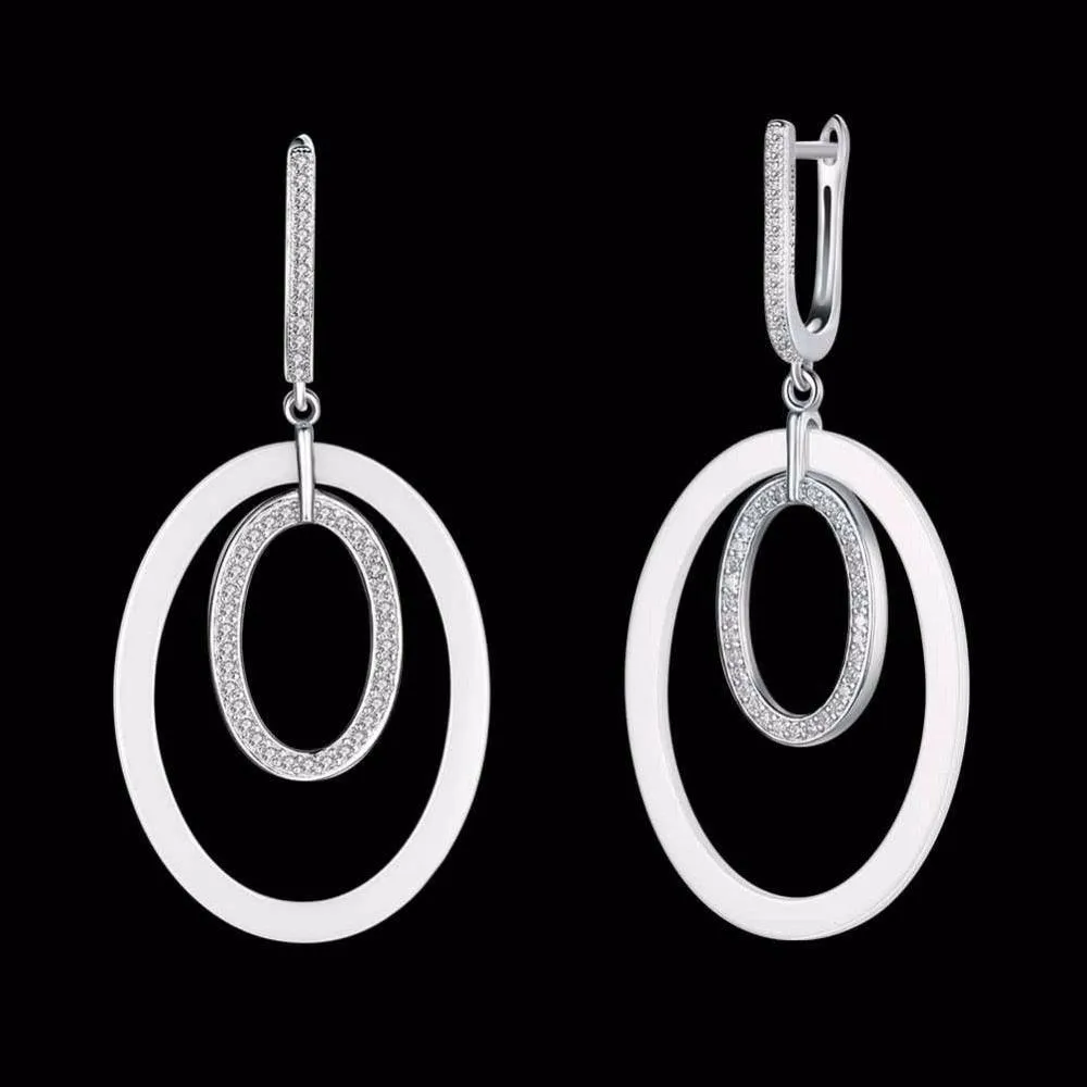 925 Sterling Silver Drop Earrings Ellipse Style Ceramic Dangle Earring