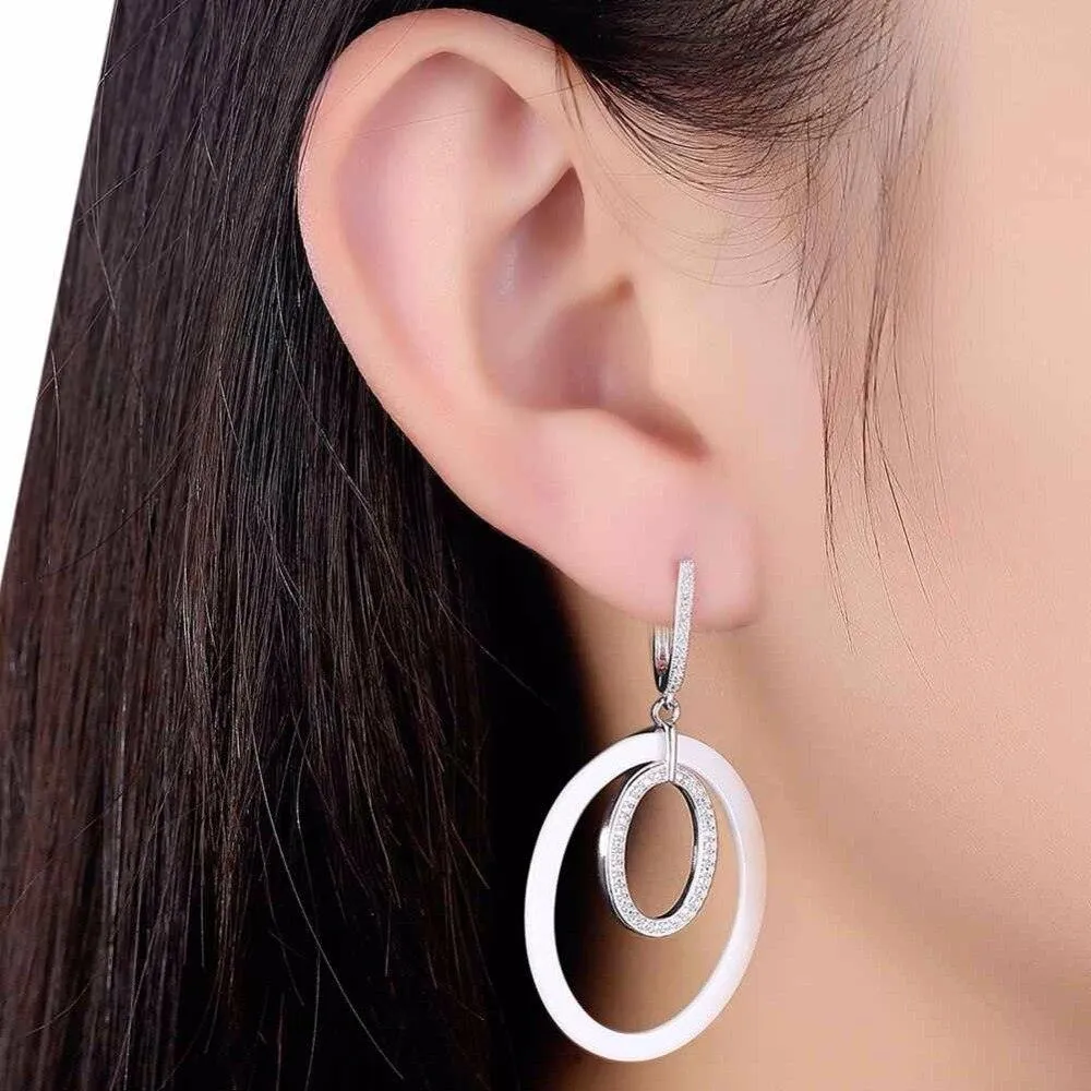 925 Sterling Silver Drop Earrings Ellipse Style Ceramic Dangle Earring
