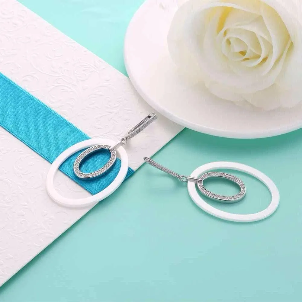 925 Sterling Silver Drop Earrings Ellipse Style Ceramic Dangle Earring