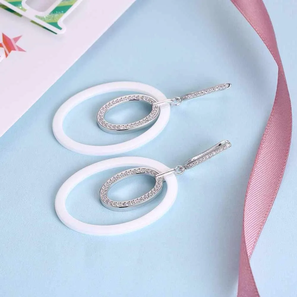 925 Sterling Silver Drop Earrings Ellipse Style Ceramic Dangle Earring