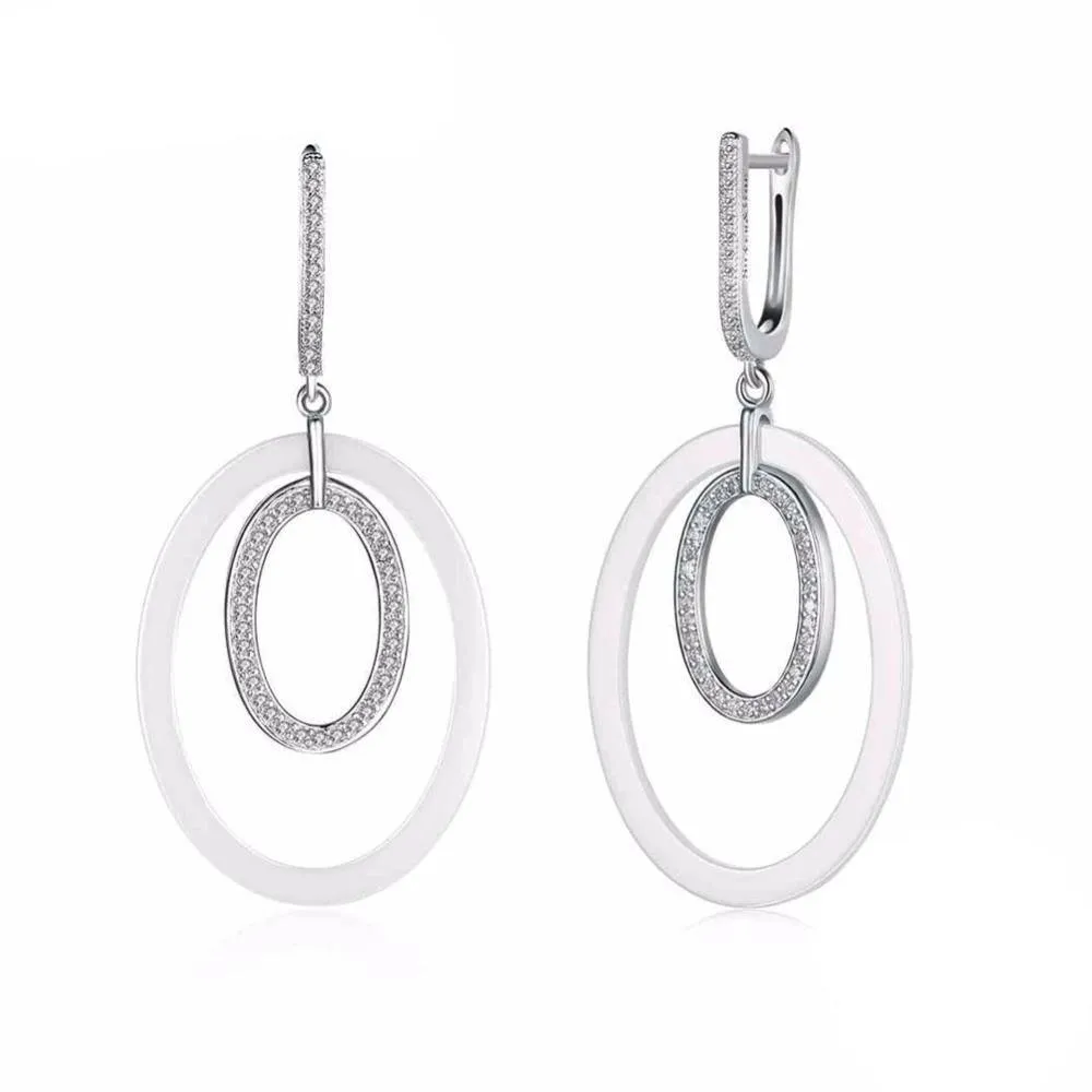 925 Sterling Silver Drop Earrings Ellipse Style Ceramic Dangle Earring
