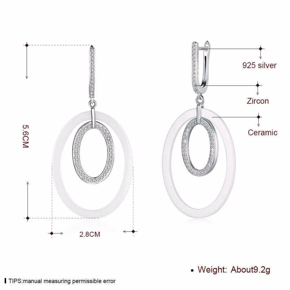 925 Sterling Silver Drop Earrings Ellipse Style Ceramic Dangle Earring