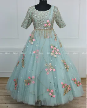 Alia Inspired Full Gown in pastel Powder Blue Shade with Intricate Handworks