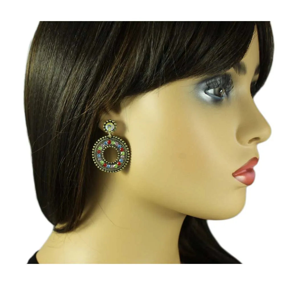 Antique Gold-tone Colorful Crystal Open Circle Pierced Earring - REC562