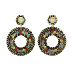 Antique Gold-tone Colorful Crystal Open Circle Pierced Earring - REC562