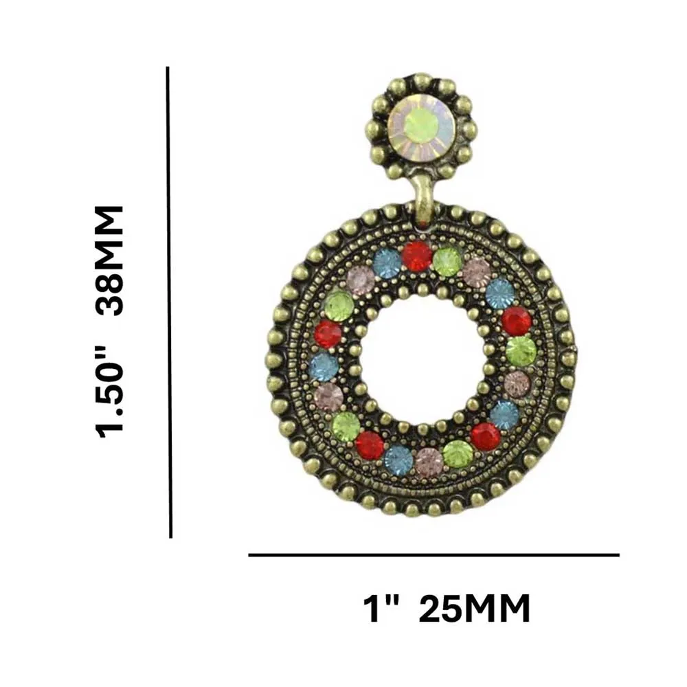 Antique Gold-tone Colorful Crystal Open Circle Pierced Earring - REC562