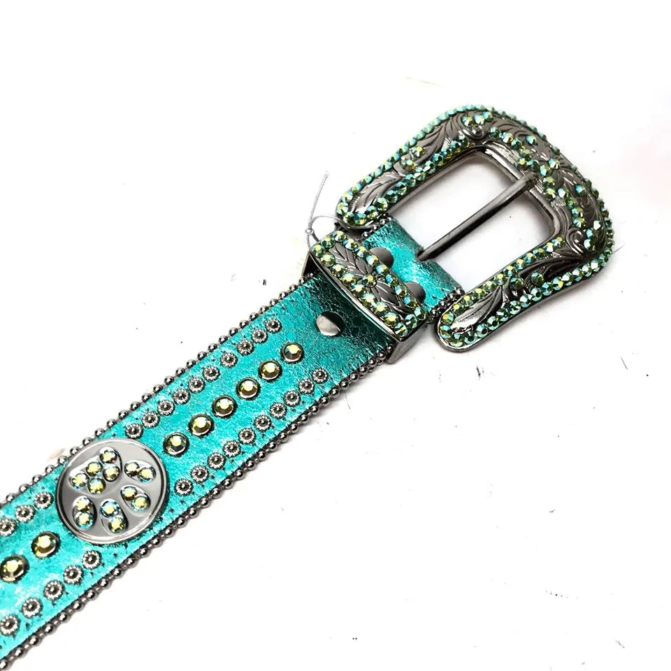 b.b. Simon Metallic Teal Paw Leather Crystal Belt