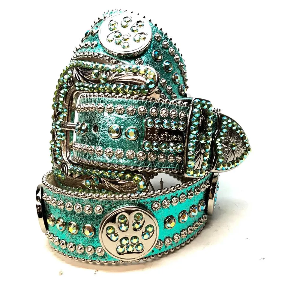 b.b. Simon Metallic Teal Paw Leather Crystal Belt