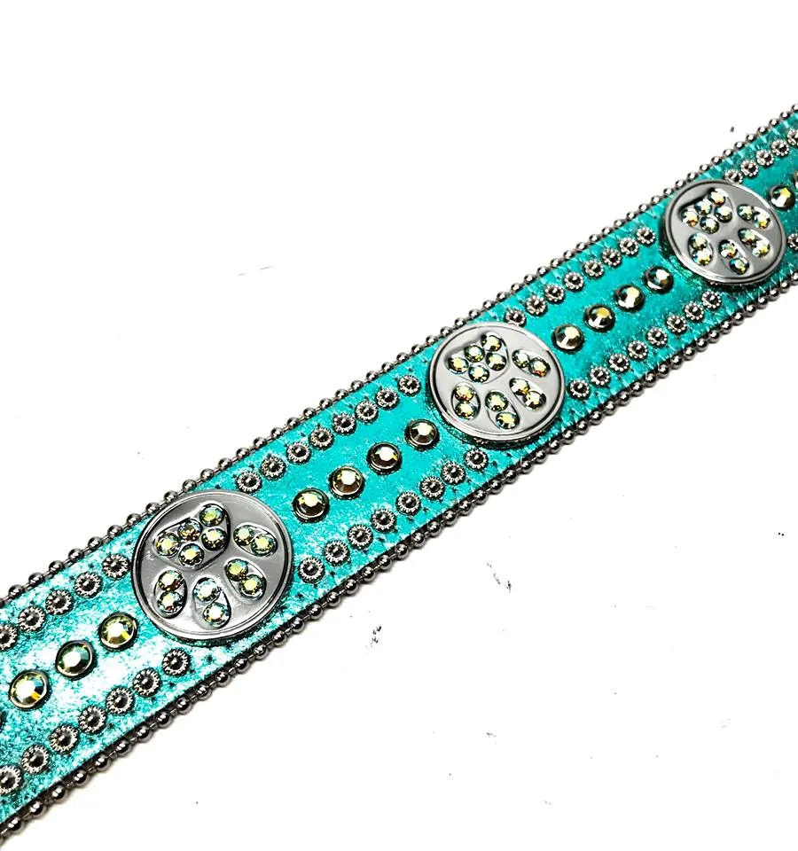 b.b. Simon Metallic Teal Paw Leather Crystal Belt