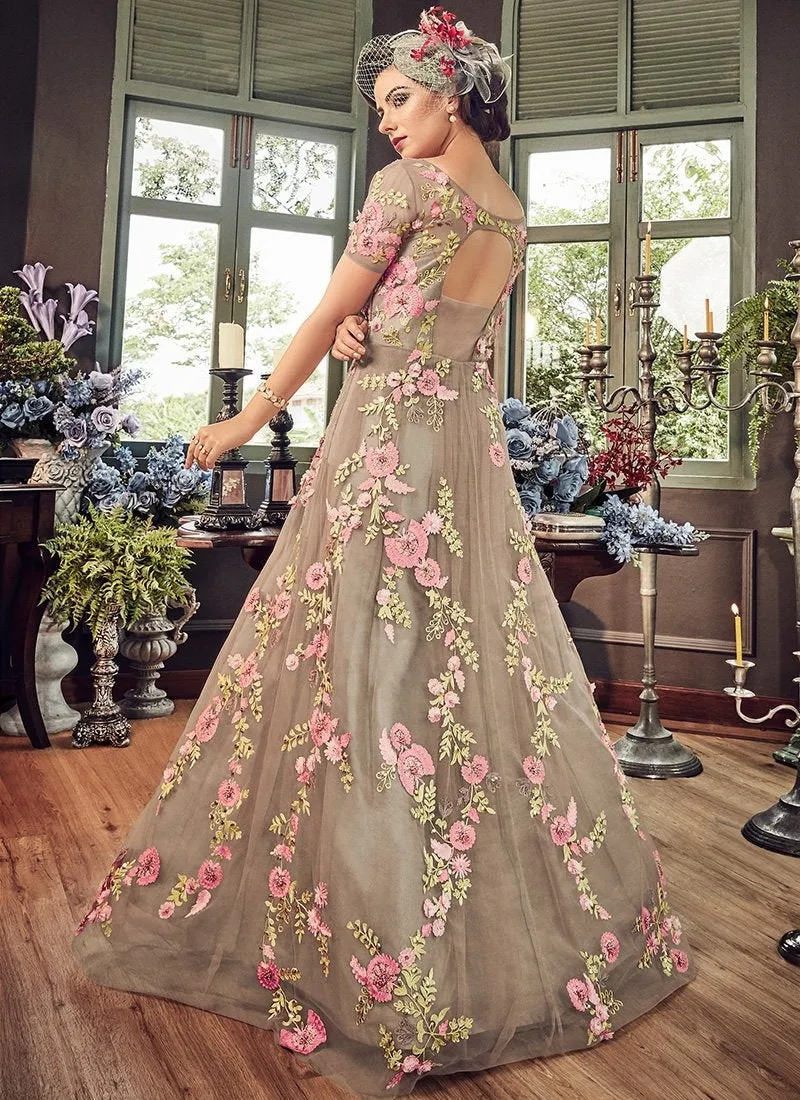 Beige Beauty Floral Embroidered Flared Anarkali Suit