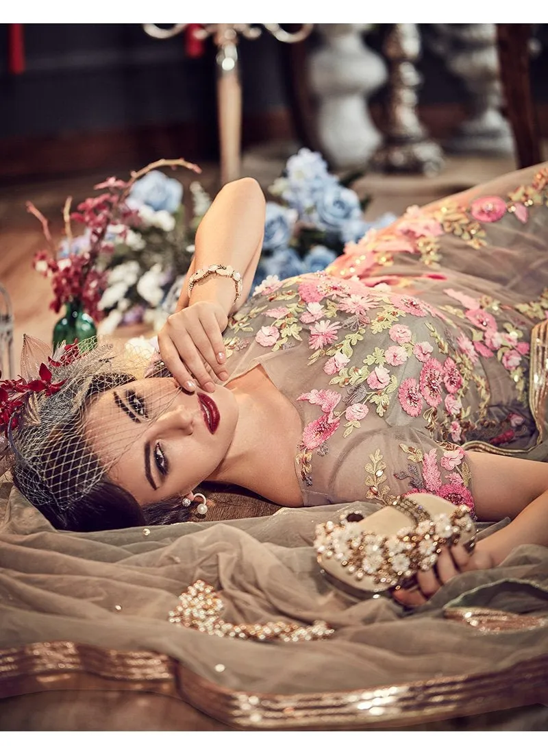 Beige Beauty Floral Embroidered Flared Anarkali Suit