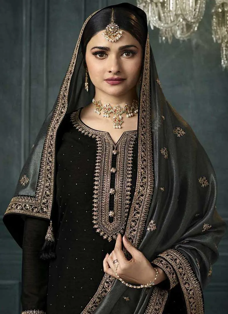 Black And Grey Embroidery Festive Palazzo Suit