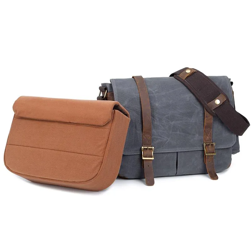 Canvas Leather Mens Waterproof 14'' Green CANON CAMERA Khaki Messenger Bag NIKON CAMERA Side BAG Gray DSLR CAMERA BAG