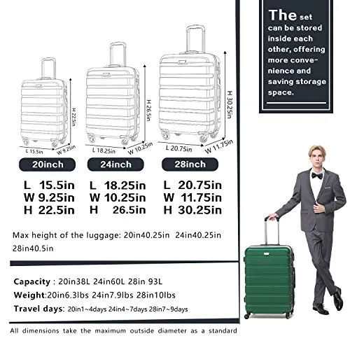 COOLIFE 3 Piece Hardshell Luggage Set - TSA Lock - Orange