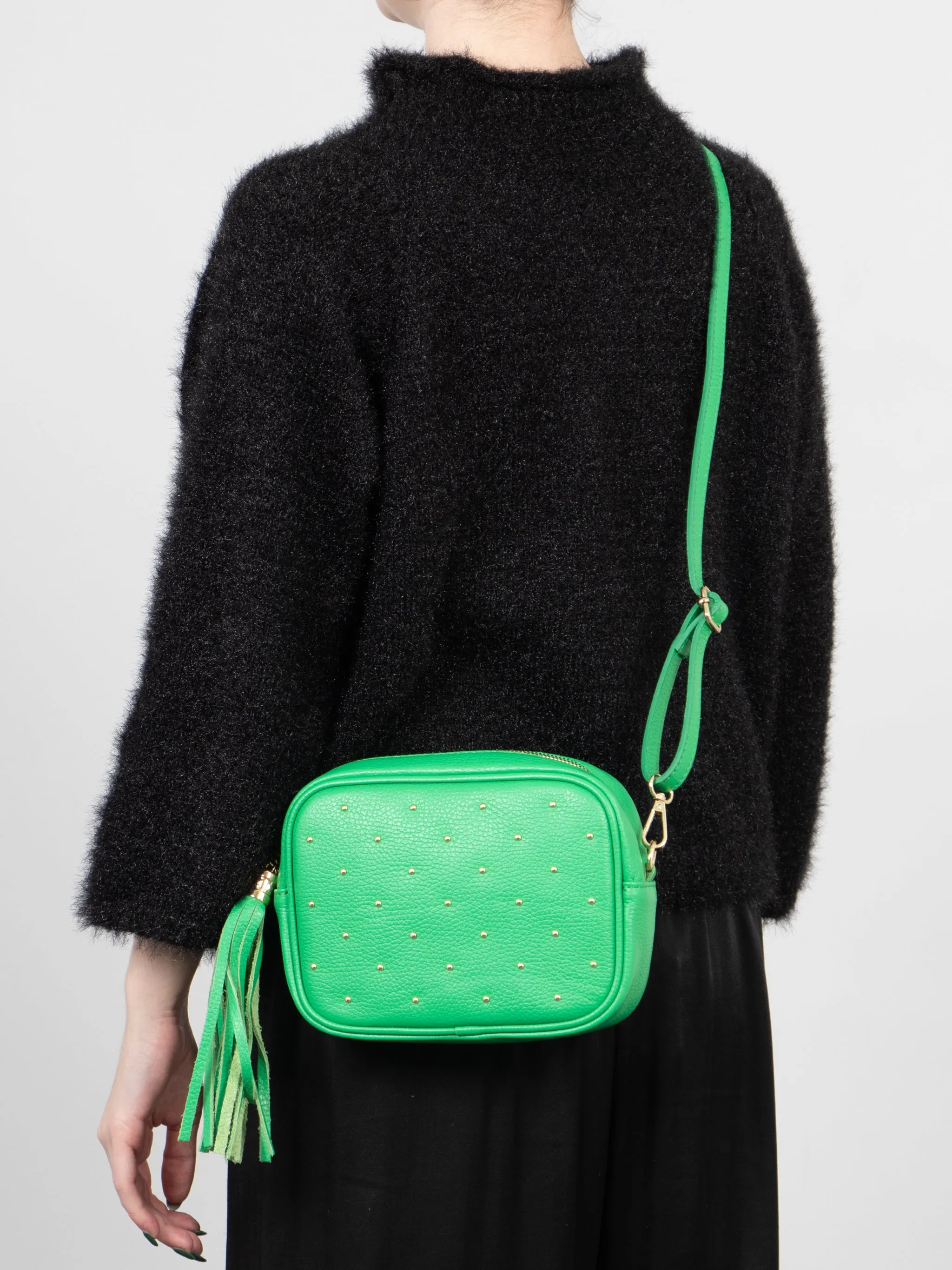 Giulia - Italian Leather Studded Camera Bag - Green, Pebbled