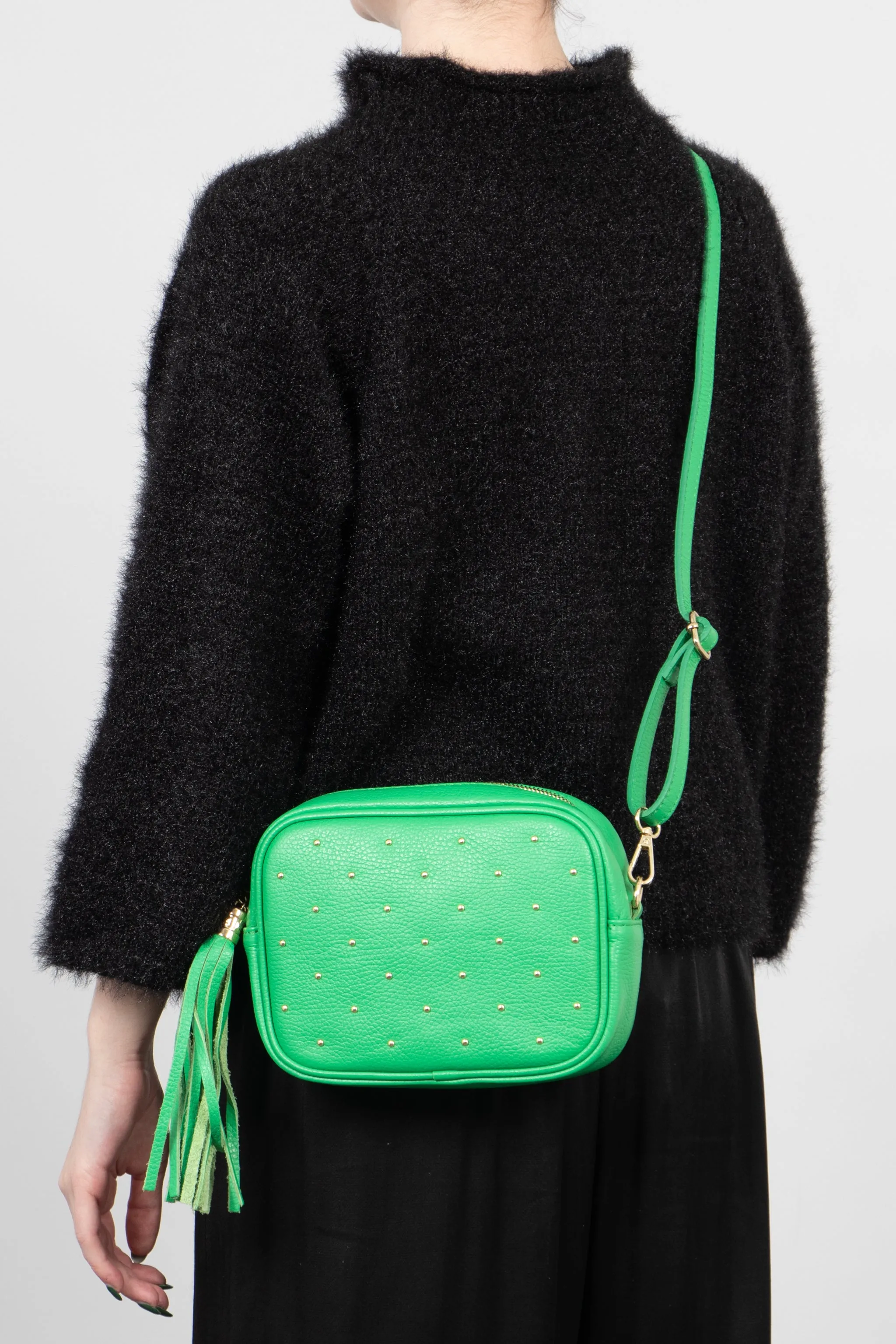 Giulia - Italian Leather Studded Camera Bag - Green, Pebbled