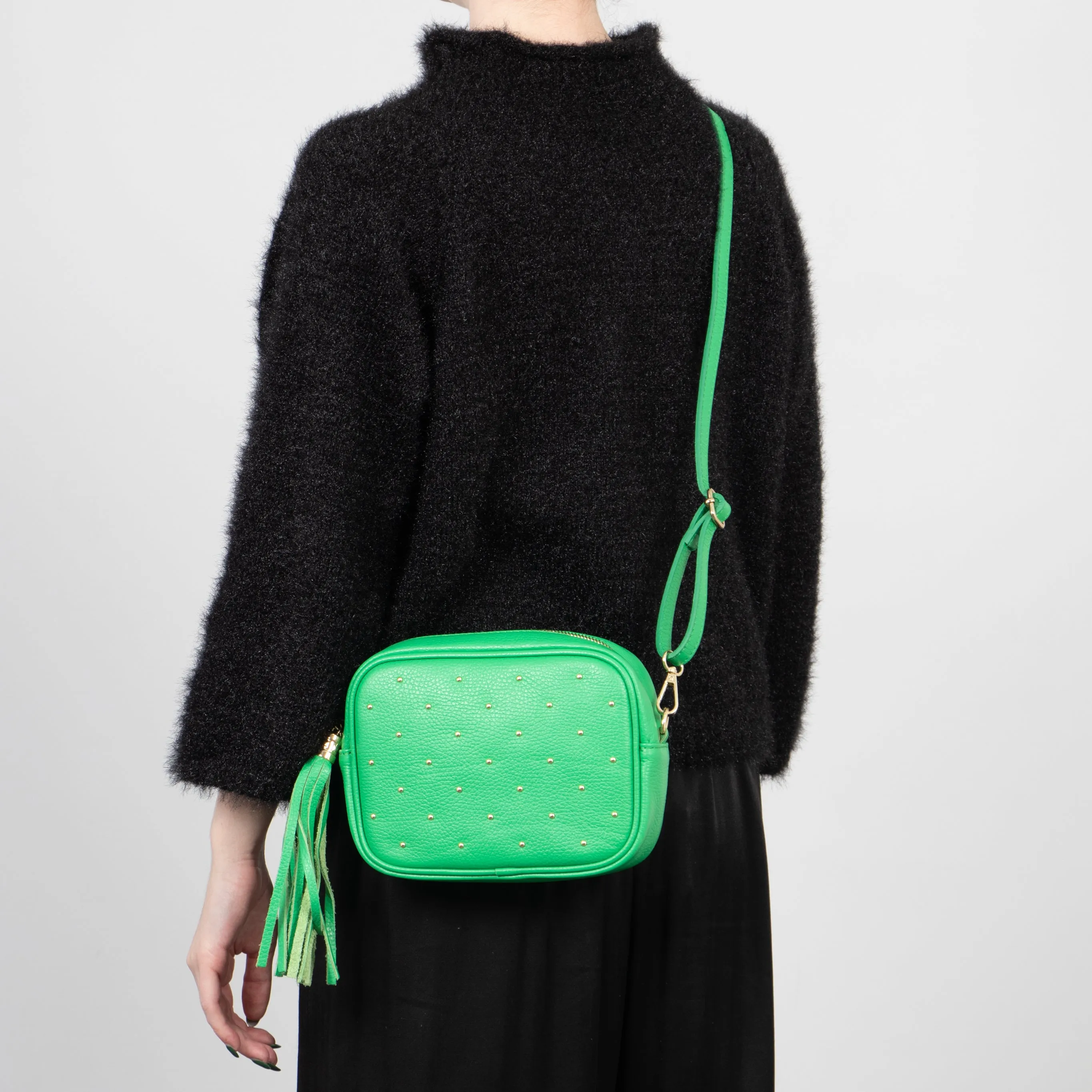 Giulia - Italian Leather Studded Camera Bag - Green, Pebbled