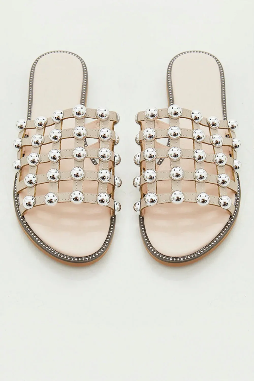 Nude PU Studded Caged Slider Sandals