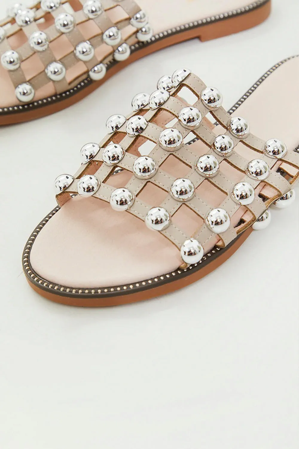 Nude PU Studded Caged Slider Sandals