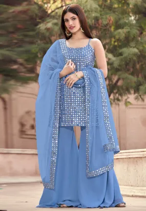 Pastel Blue Mirror Embroidered Gharara Suit