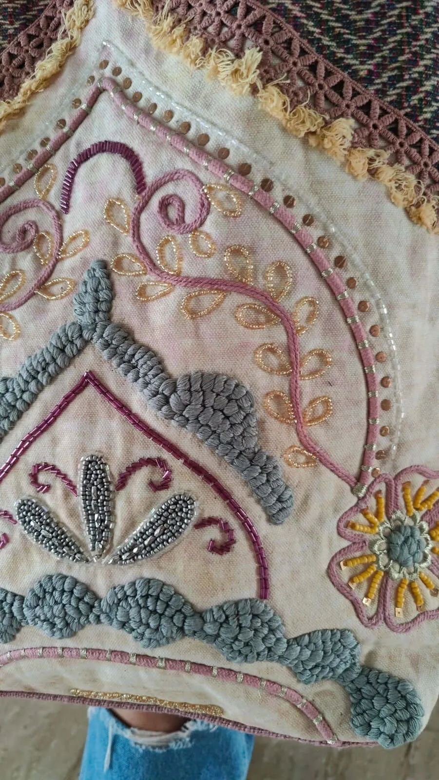Pastel Pink Grey Banjara Handcrafted Embroidery Tote Bag