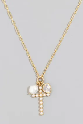 Pearl Studded Cross And Charms Chain Necklace