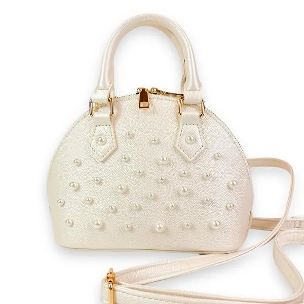 Pearl Studs Cream Leather Satchel Bag