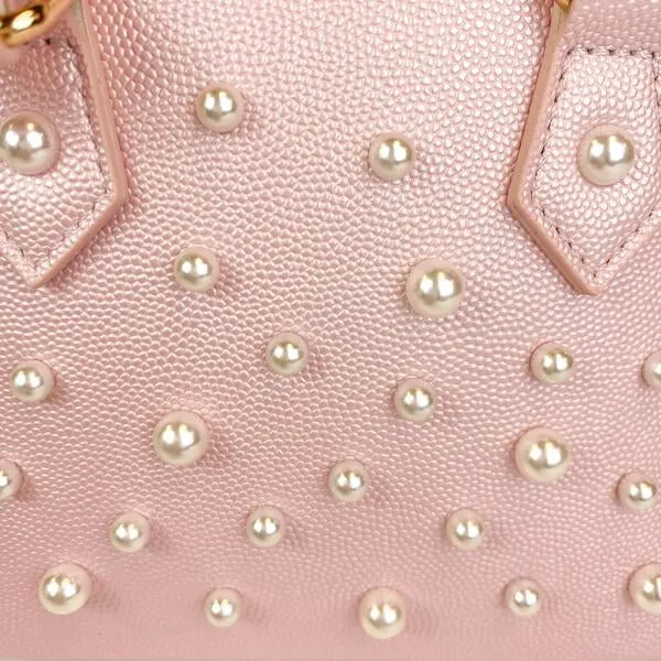 Pearl Studs Pink Leather Satchel Bag