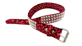 Red Leopard Fuzzy Belt w/ 3 Rows of Silver Pyramid Studs