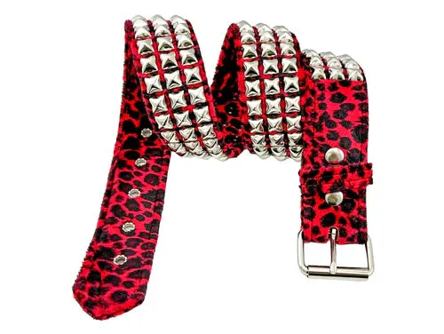 Red Leopard Fuzzy Belt w/ 3 Rows of Silver Pyramid Studs
