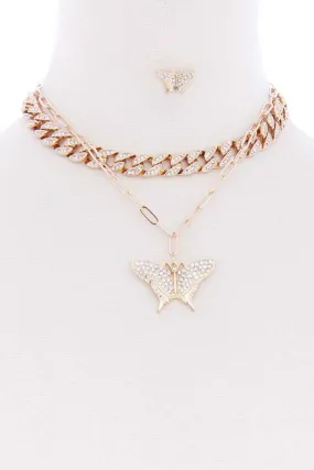 Rhinestone Studded Link Chain With Butterfly Pendant Necklace Earring Set