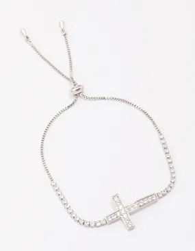 Rhodium Cubic Zirconia Round Cross Toggle Bracelet