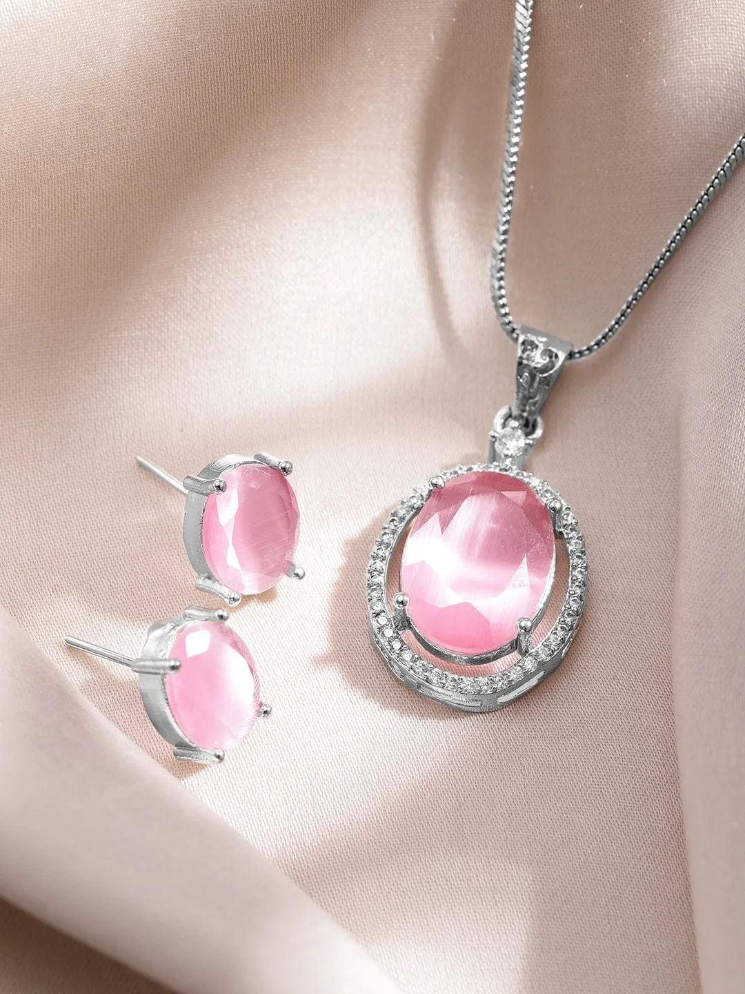 Rhodium-Plated Pastel Pink & CZ Studded Oval Pendant Necklace Set