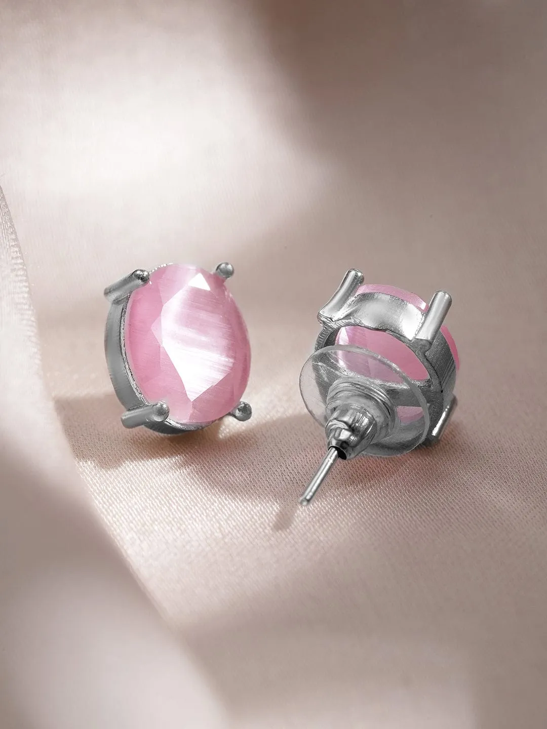 Rhodium-Plated Pastel Pink & CZ Studded Oval Pendant Necklace Set