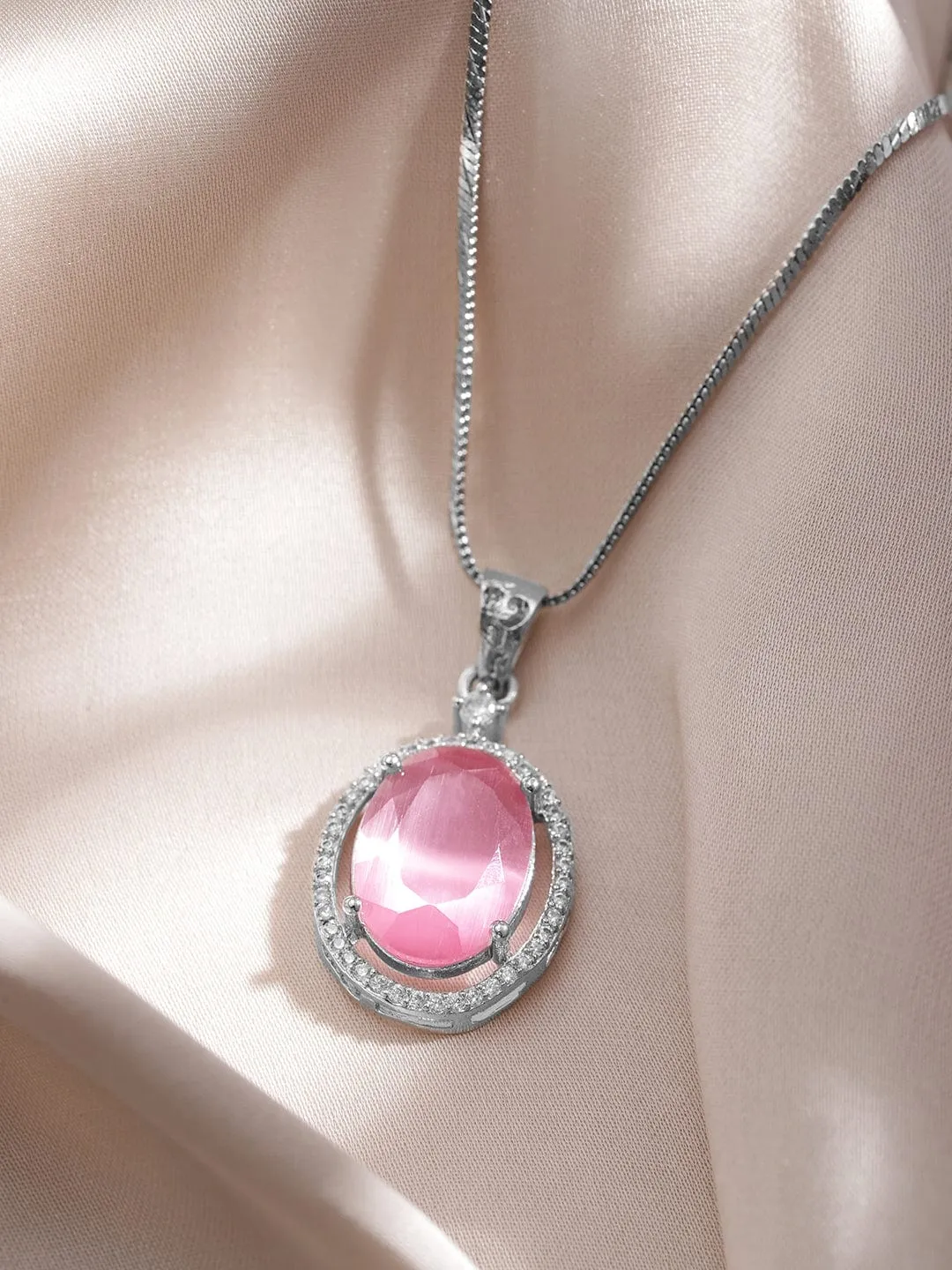 Rhodium-Plated Pastel Pink & CZ Studded Oval Pendant Necklace Set