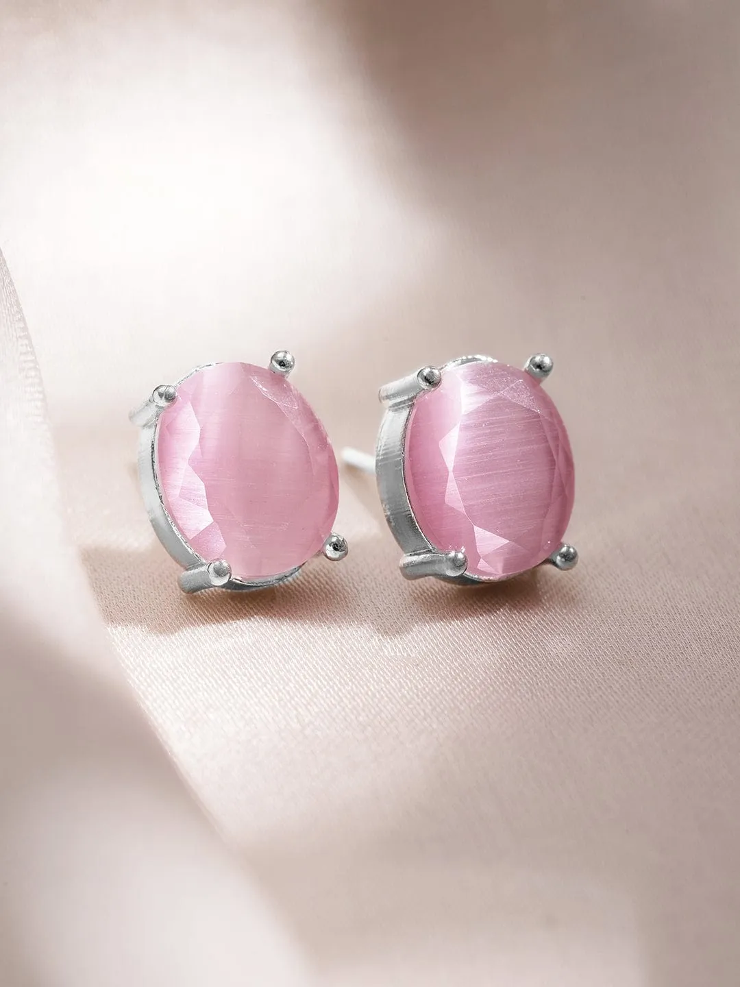 Rhodium-Plated Pastel Pink & CZ Studded Oval Pendant Necklace Set