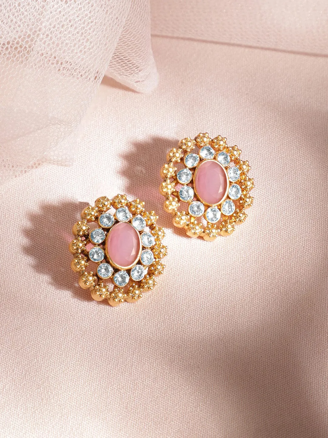 Rubans 24K Gold Plated Handcrafted Pastel Pink & White Cubic Zirconia Studded Choker Set