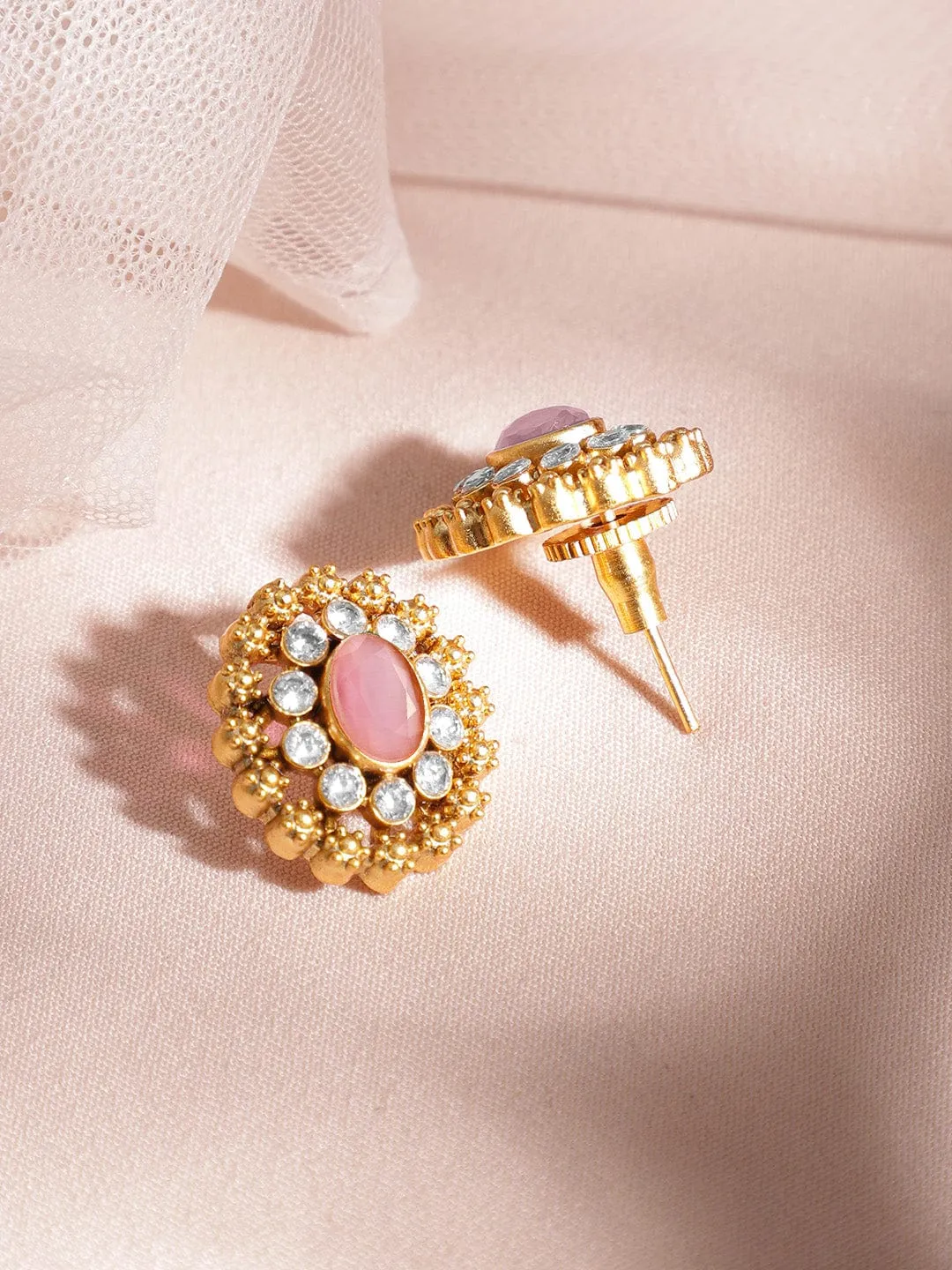 Rubans 24K Gold Plated Handcrafted Pastel Pink & White Cubic Zirconia Studded Choker Set