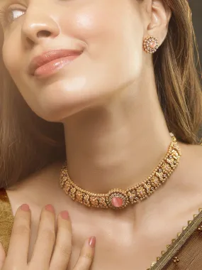 Rubans 24K Gold Plated Handcrafted Pastel Pink & White Cubic Zirconia Studded Choker Set