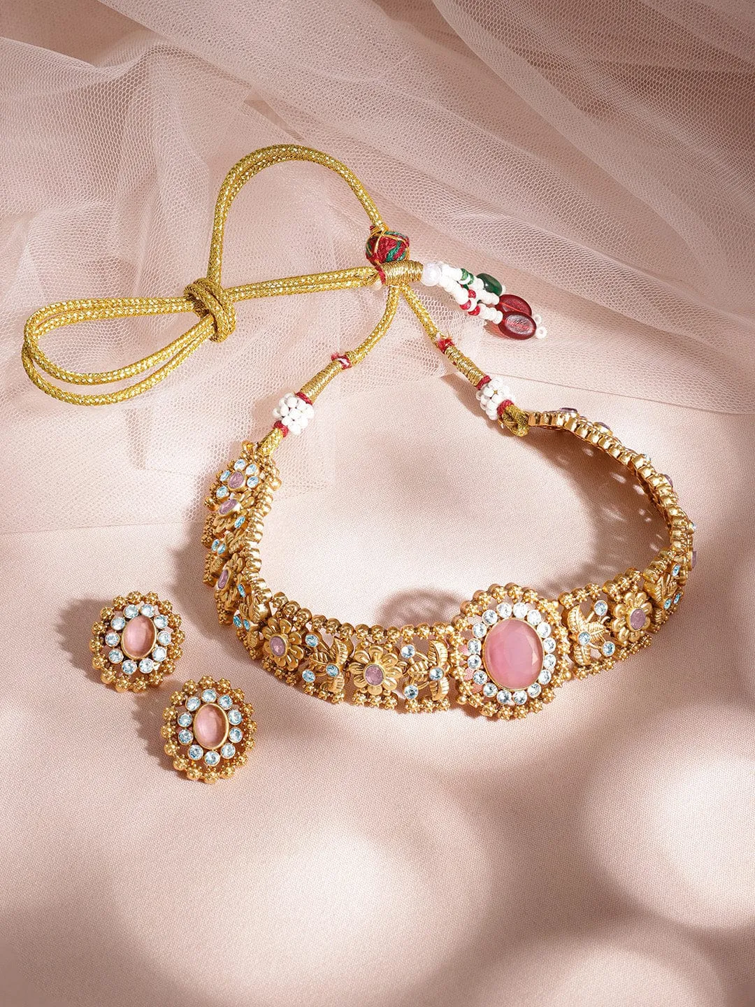 Rubans 24K Gold Plated Handcrafted Pastel Pink & White Cubic Zirconia Studded Choker Set