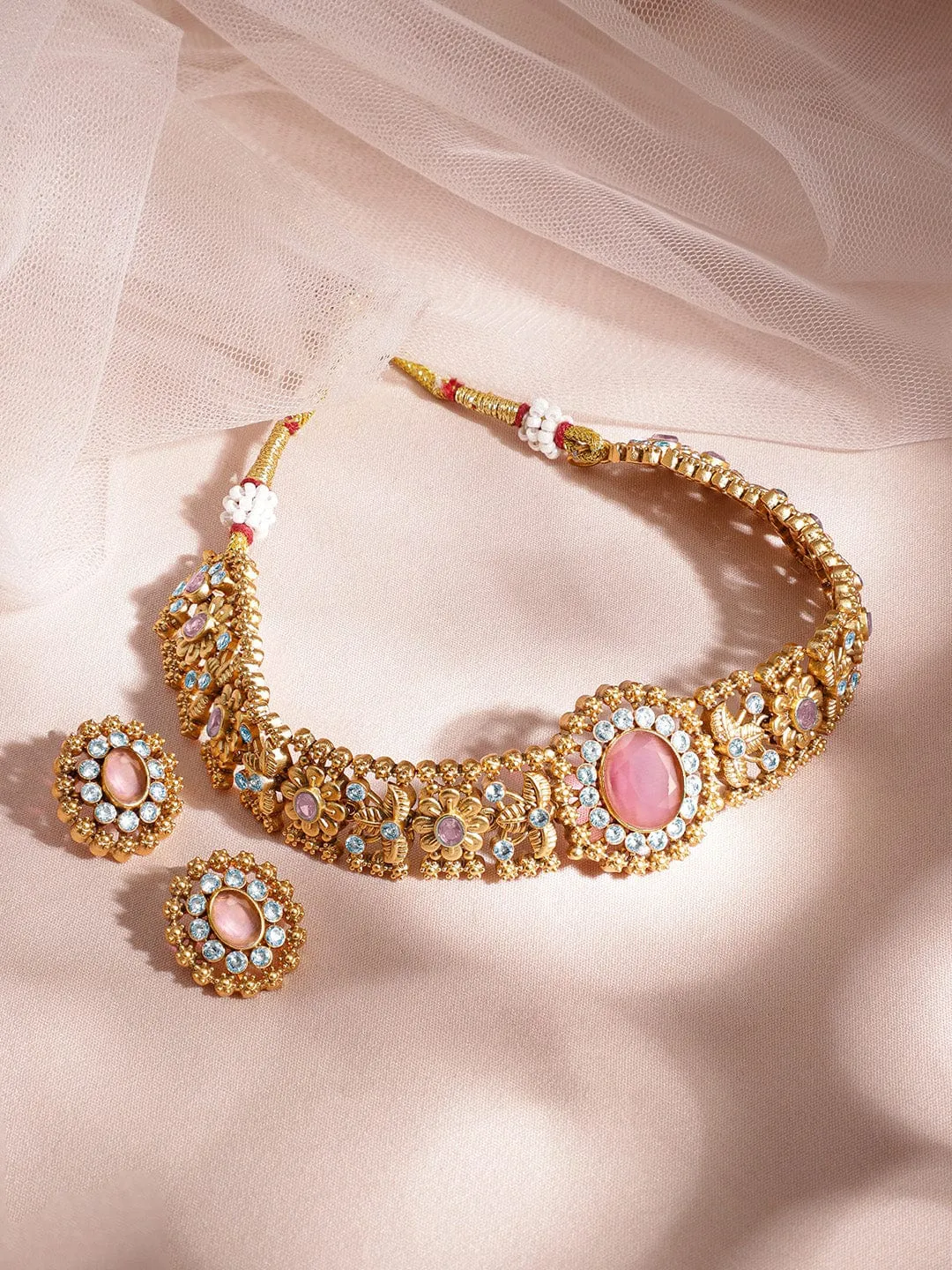 Rubans 24K Gold Plated Handcrafted Pastel Pink & White Cubic Zirconia Studded Choker Set