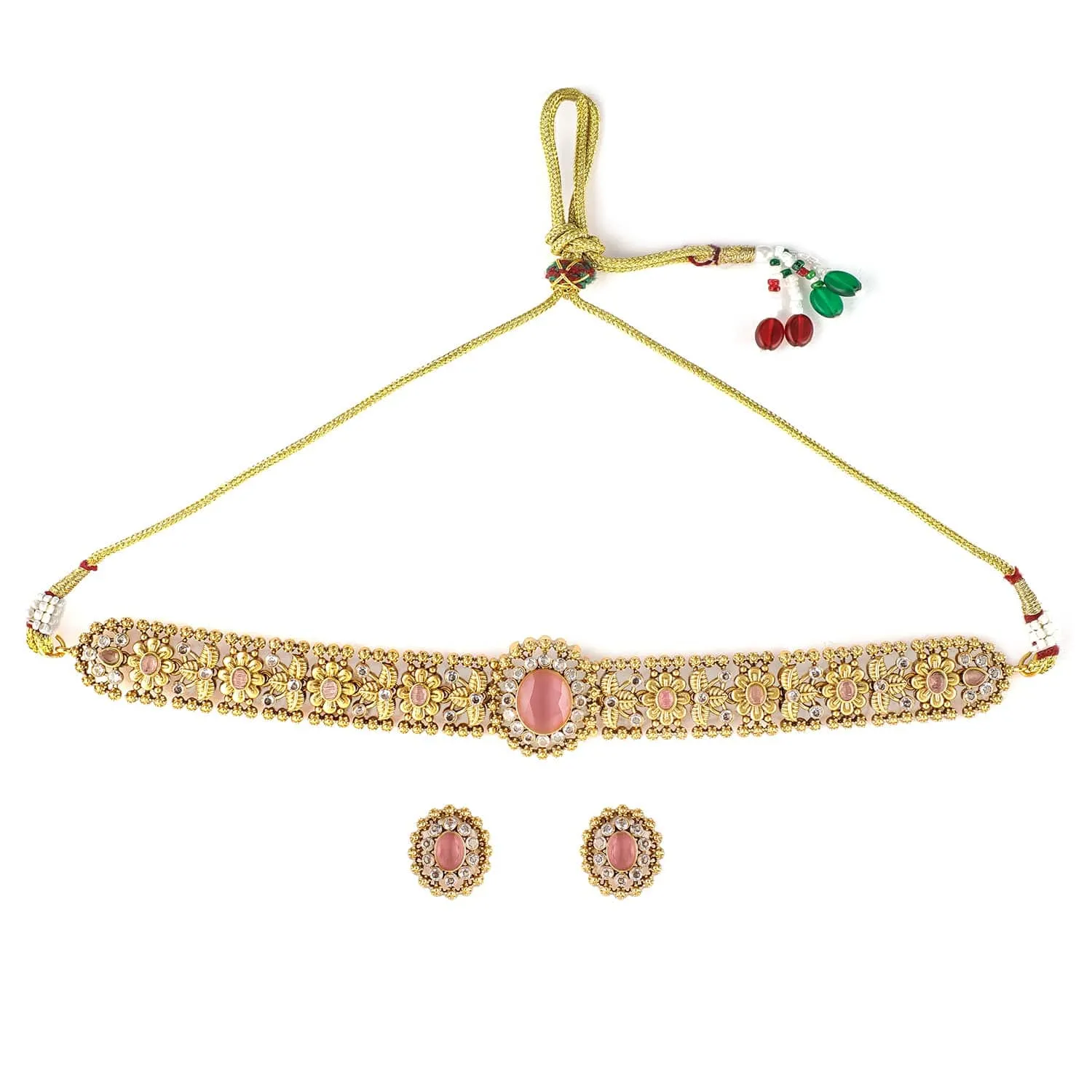 Rubans 24K Gold Plated Handcrafted Pastel Pink & White Cubic Zirconia Studded Choker Set