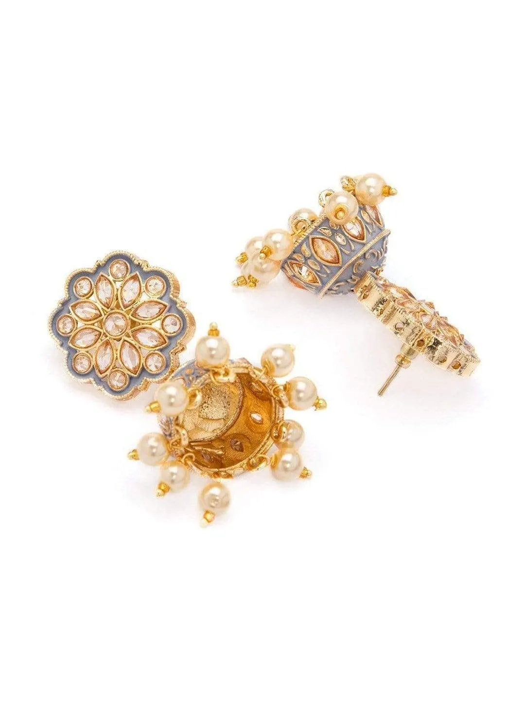 Rubans Gold Plated Grey Enamel AD Studded Pastel Statement Jhumka Earrings