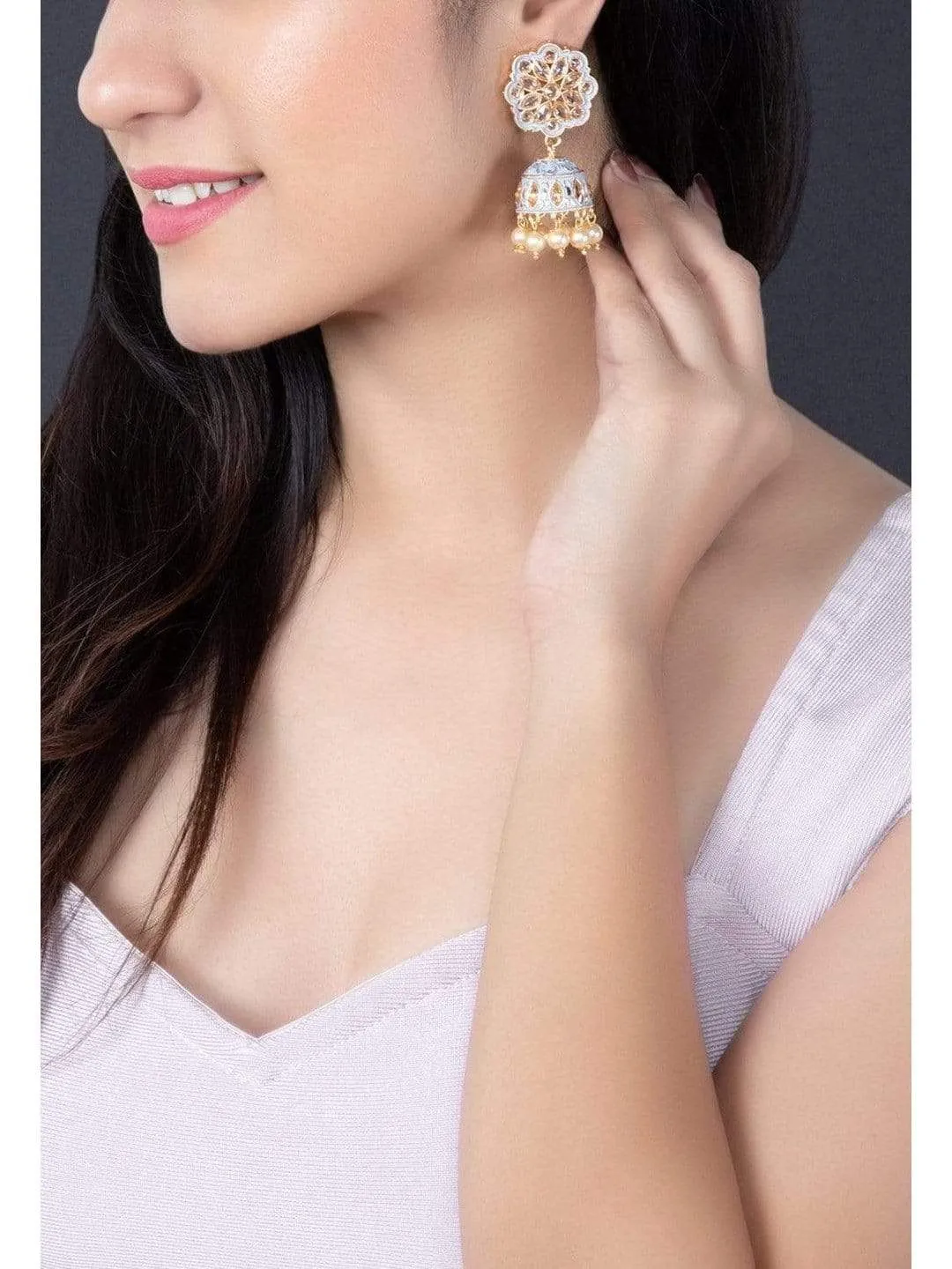 Rubans Gold Plated Grey Enamel AD Studded Pastel Statement Jhumka Earrings