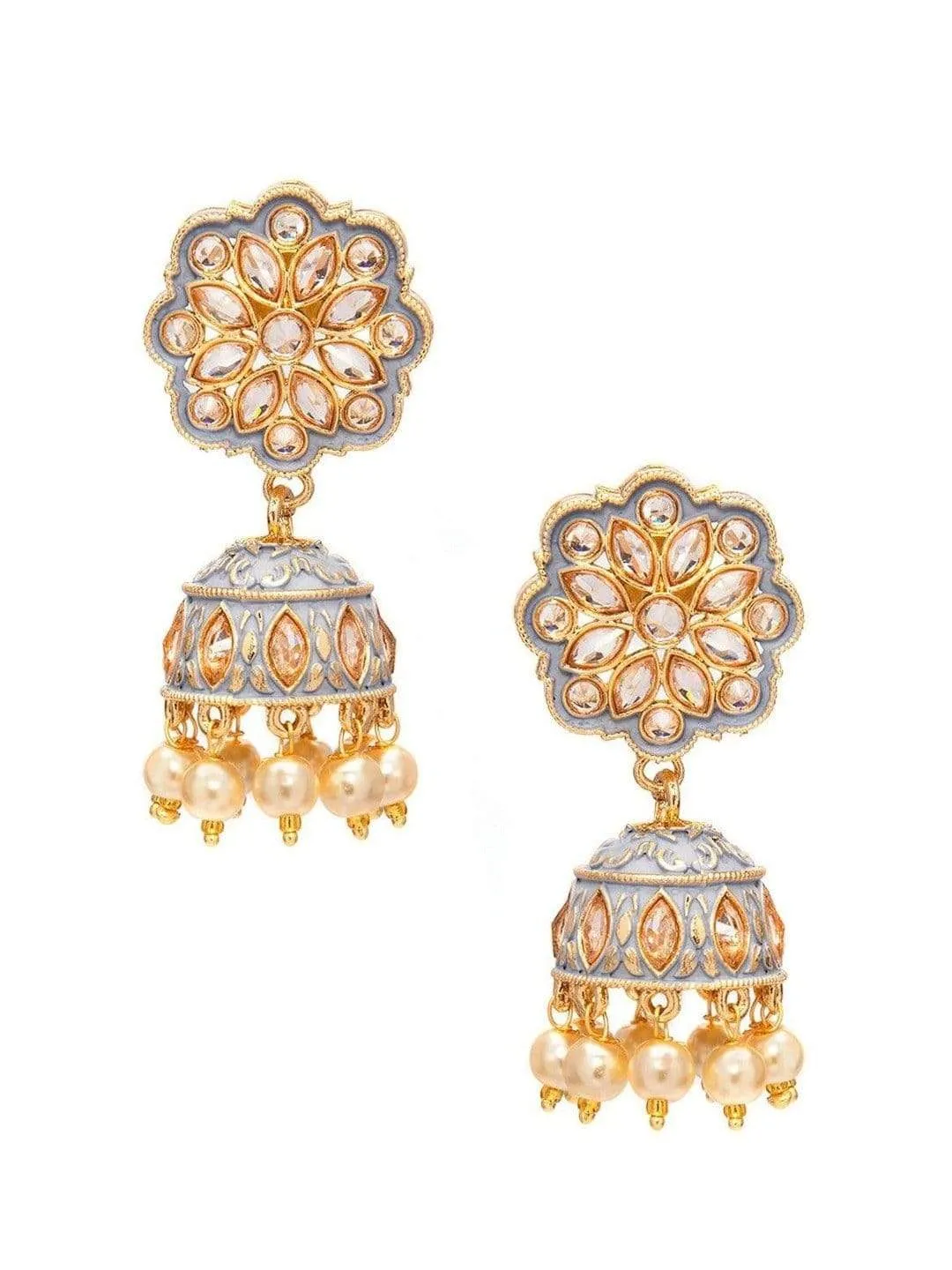 Rubans Gold Plated Grey Enamel AD Studded Pastel Statement Jhumka Earrings