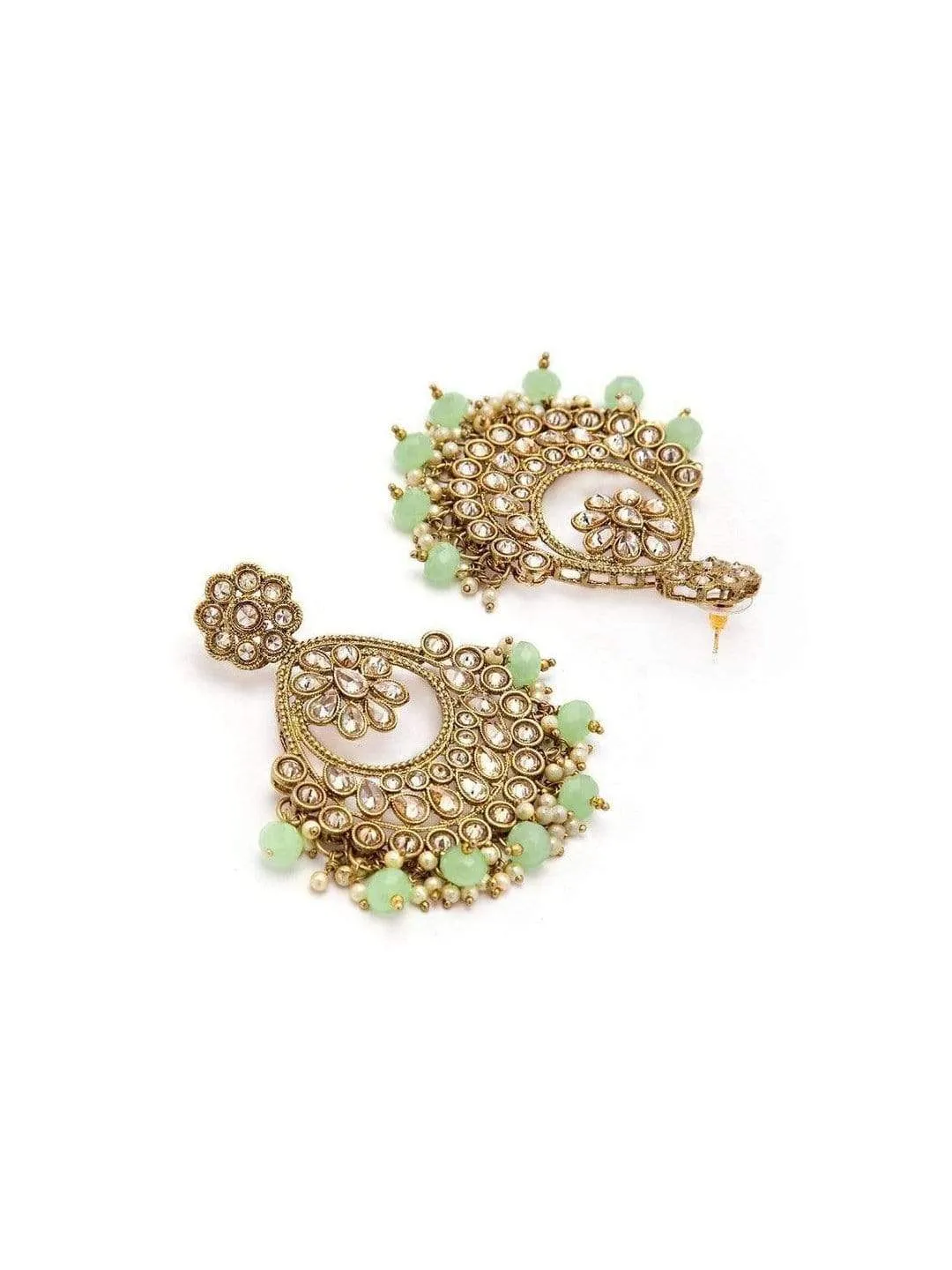 Rubans Gold Plated Kundan Studded Pastel Green Color Beads Embellished Statement Chandbali Earrings